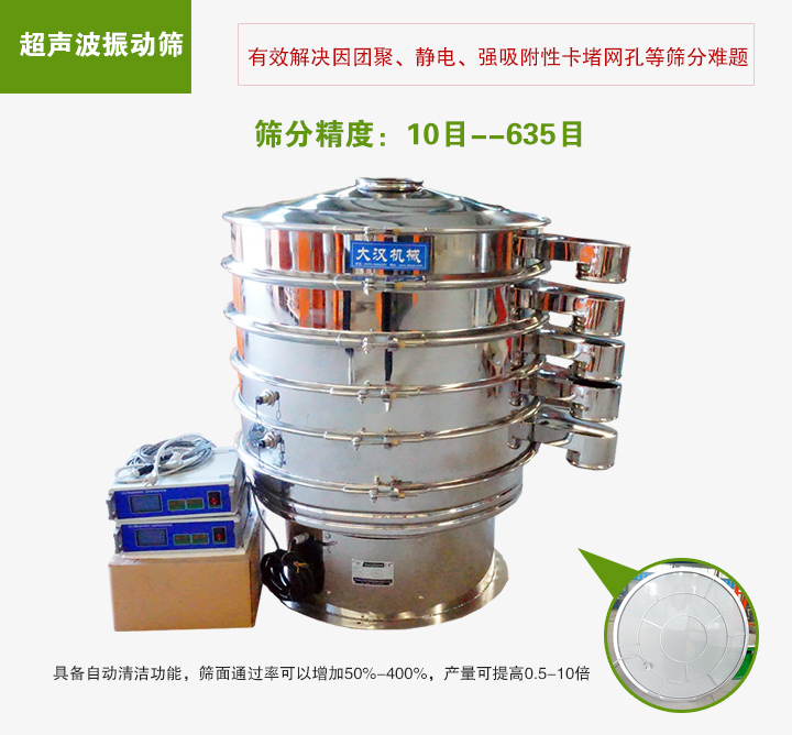 超聲波振動篩具備自動清潔功能，篩面通過率可以增加50%-400%，產(chǎn)量可提高0.5-10倍